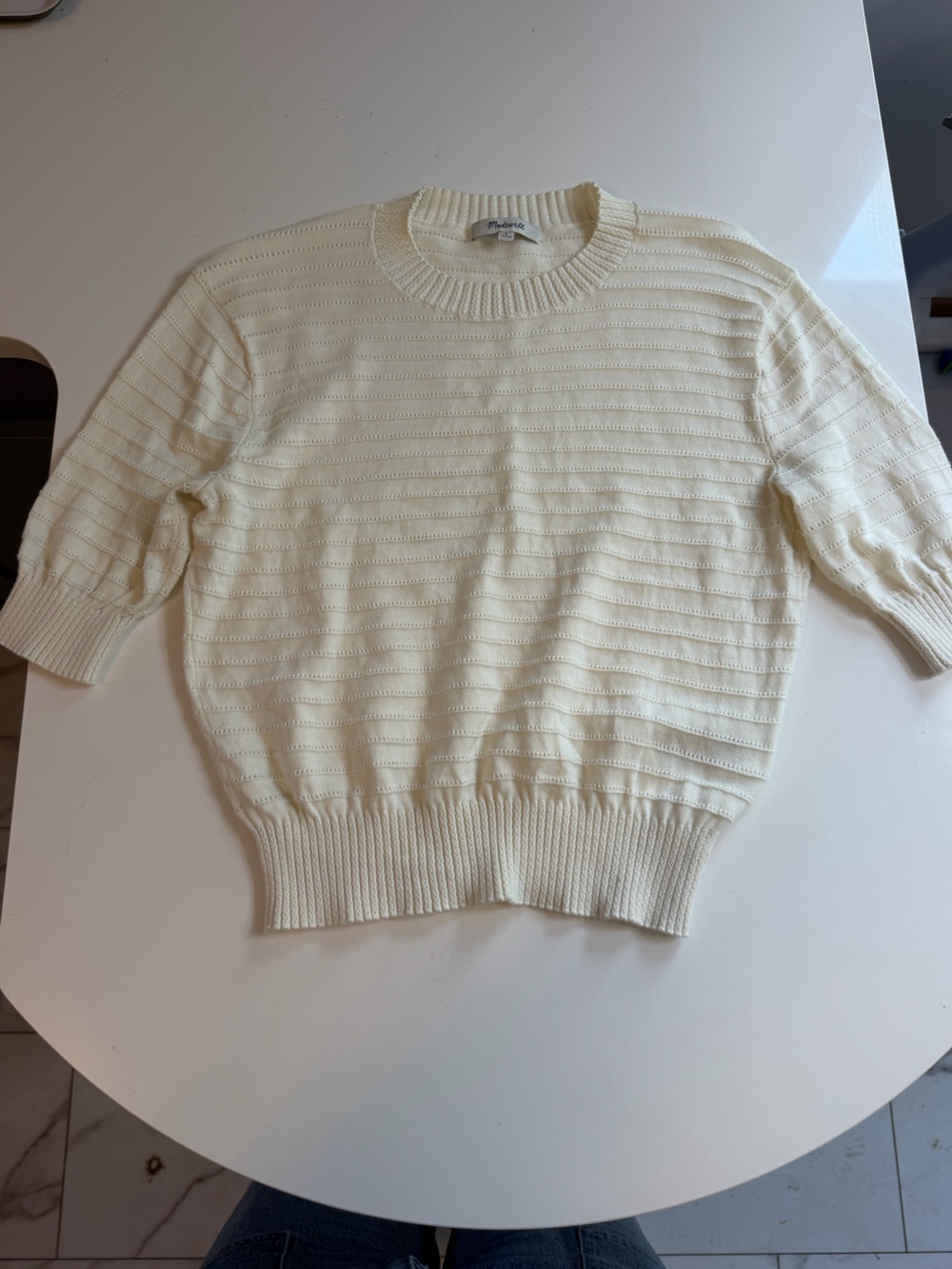 Madewell Cream Ribbed Short-Sleeve Crewneck Sweater